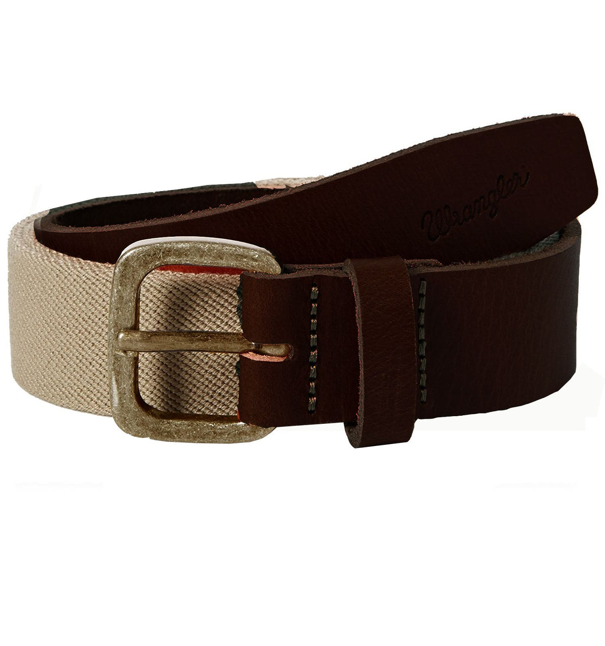 Wrangler Men's Stretch Canvas Belt With Leather Ends Size small to XXL - S / Pebble Sand