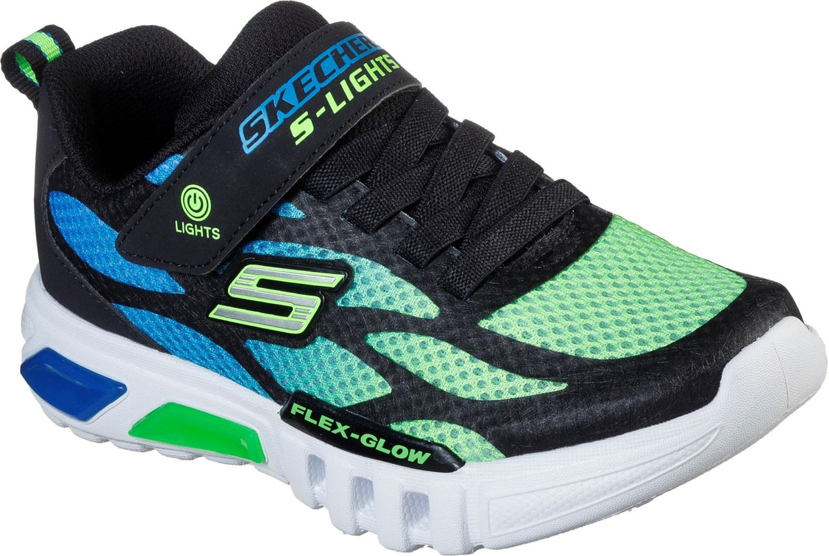Skechers S Lights Flex-Glow Dezlo Touch Fastening Trainer Childrens Sports in Black/Blue/Lime - 4 / Black/Blue/Lime